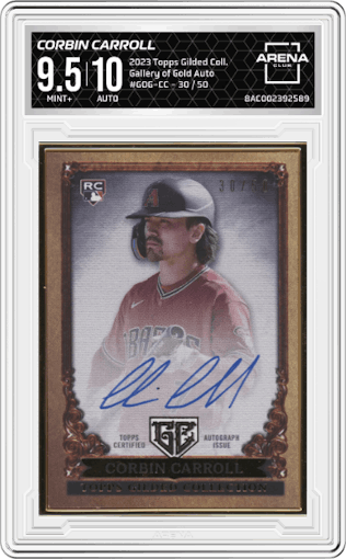 Corbin Carroll from the 2023 Topps Gilded Collection set graded by Arena Club and given an overall grade of 9.5.