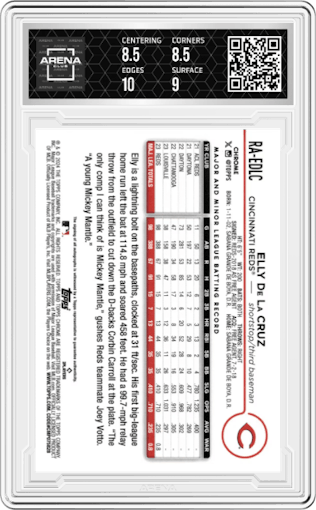 Elly De La Cruz from the 2024 Topps Chrome set featuring a Purple Speckle Refractor parallel graded by Arena Club and given an overall grade of 9.