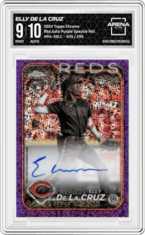 Elly De La Cruz from the 2024 Topps Chrome set featuring a Purple Speckle Refractor parallel graded by Arena Club and given an overall grade of 9.