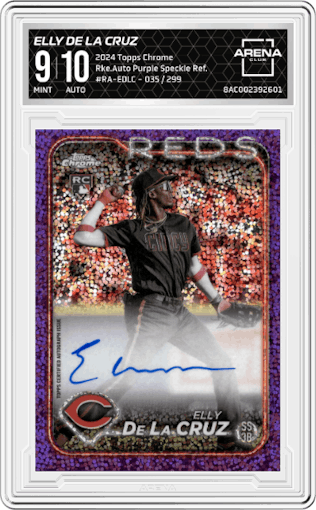 Elly De La Cruz from the 2024 Topps Chrome set featuring a Purple Speckle Refractor parallel graded by Arena Club and given an overall grade of 9.