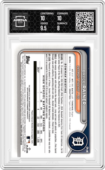 Bryce Rainer from the 2024 Bowman Draft set featuring a Blue Refractor parallel graded by Arena Club and given an overall grade of 8.5.