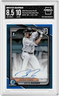 Bryce Rainer from the 2024 Bowman Draft set featuring a Blue Refractor parallel graded by Arena Club and given an overall grade of 8.5.