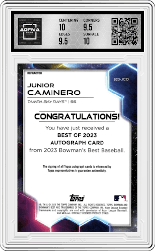 Junior Caminero from the 2023 Bowman's Best set featuring a Refractor parallel graded by Arena Club and given an overall grade of 10.