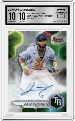 Junior Caminero from the 2023 Bowman's Best set featuring a Refractor parallel graded by Arena Club and given an overall grade of 10.