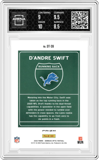 D'Andre Swift from the 2020 Panini Donruss Optic set graded by Arena Club and given an overall grade of 9.