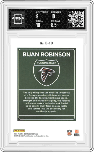 Bijan Robinson from the 2023 Panini Donruss set graded by Arena Club and given an overall grade of 9.