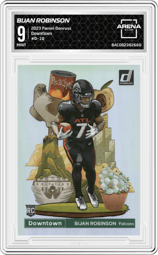 Bijan Robinson from the 2023 Panini Donruss set graded by Arena Club and given an overall grade of 9.