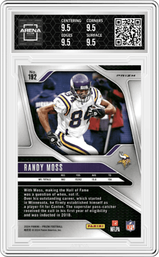 Randy Moss from the 2024 Panini Prizm set featuring a White Sparkle parallel graded by Arena Club and given an overall grade of 9.5.