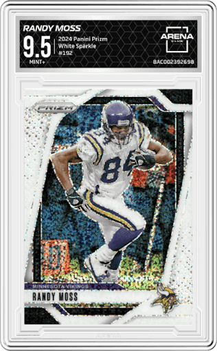 Randy Moss from the 2024 Panini Prizm set featuring a White Sparkle parallel graded by Arena Club and given an overall grade of 9.5.