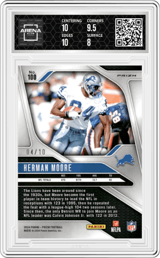 Herman Moore from the 2024 Panini Prizm set featuring a Gold Shimmer parallel graded by Arena Club and given an overall grade of 8.5.
