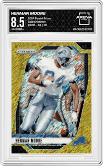 Herman Moore from the 2024 Panini Prizm set featuring a Gold Shimmer parallel graded by Arena Club and given an overall grade of 8.5.