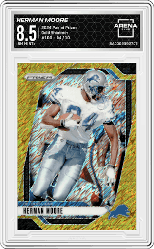 Herman Moore from the 2024 Panini Prizm set featuring a Gold Shimmer parallel graded by Arena Club and given an overall grade of 8.5.
