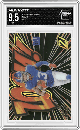 Jalin Hyatt from the 2023 Panini Zenith set graded by Arena Club and given an overall grade of 9.5.