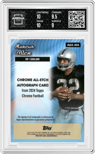 Marcus Allen from the 2024 Topps Chrome set featuring a Orange Geometric Refractor parallel graded by Arena Club and given an overall grade of 9.5.