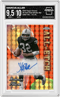 Marcus Allen from the 2024 Topps Chrome set featuring a Orange Geometric Refractor parallel graded by Arena Club and given an overall grade of 9.5.
