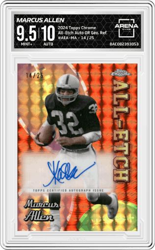 Marcus Allen from the 2024 Topps Chrome set featuring a Orange Geometric Refractor parallel graded by Arena Club and given an overall grade of 9.5.