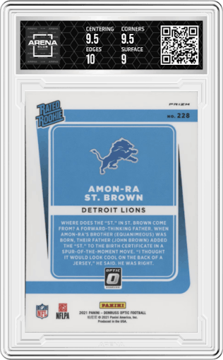Amon-Ra St. Brown from the 2021 Panini Donruss Optic set featuring a Purple Shock parallel graded by Arena Club and given an overall grade of 9.5.