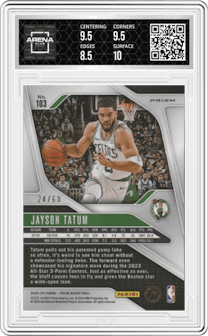 Jayson Tatum from the 2024-25 Panini Prizm set featuring a Orange Wave parallel graded by Arena Club and given an overall grade of 9.