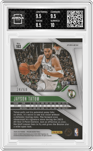 Jayson Tatum from the 2024-25 Panini Prizm set featuring a Orange Wave parallel graded by Arena Club and given an overall grade of 9.