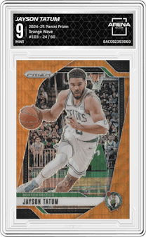 Jayson Tatum from the 2024-25 Panini Prizm set featuring a Orange Wave parallel graded by Arena Club and given an overall grade of 9.