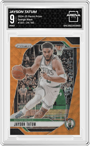 Jayson Tatum from the 2024-25 Panini Prizm set featuring a Orange Wave parallel graded by Arena Club and given an overall grade of 9.