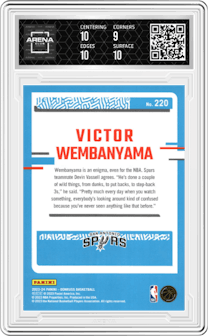 Victor Wembanyama from the 2023-24 Panini Donruss set graded by Arena Club and given an overall grade of 9.5.