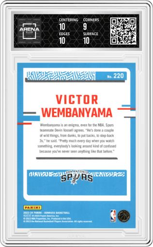 Victor Wembanyama from the 2023-24 Panini Donruss set graded by Arena Club and given an overall grade of 9.5.