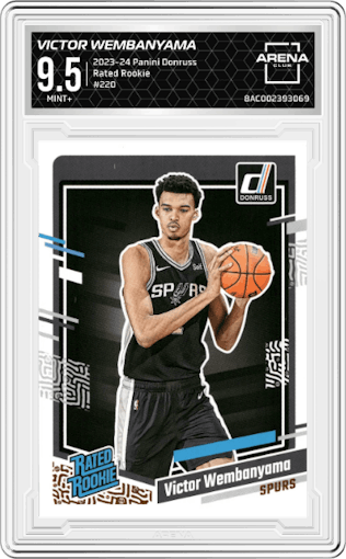 Victor Wembanyama from the 2023-24 Panini Donruss set graded by Arena Club and given an overall grade of 9.5.