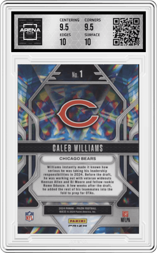 Caleb Williams from the 2024 Panini Prizm set featuring a Green Wave parallel graded by Arena Club and given an overall grade of 10.