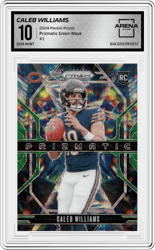 Caleb Williams from the 2024 Panini Prizm set featuring a Green Wave parallel graded by Arena Club and given an overall grade of 10.