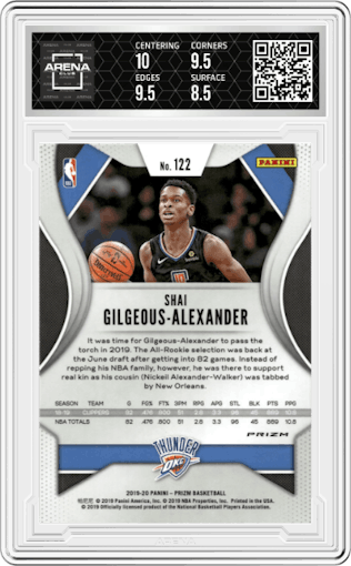 Shai Gilgeous-Alexander from the 2019-20 Panini Prizm set featuring a Orange Ice parallel graded by Arena Club and given an overall grade of 9.