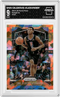 Shai Gilgeous-Alexander from the 2019-20 Panini Prizm set featuring a Orange Ice parallel graded by Arena Club and given an overall grade of 9.