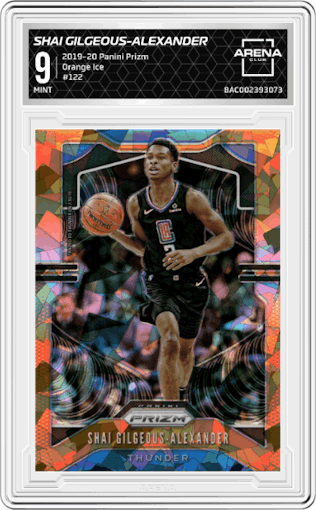 Shai Gilgeous-Alexander from the 2019-20 Panini Prizm set featuring a Orange Ice parallel graded by Arena Club and given an overall grade of 9.