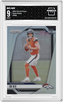 Bo Nix from the 2024 Panini Prizm set featuring a Silver Prizm parallel graded by Arena Club and given an overall grade of 9.