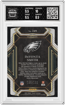 DeVonta Smith  from the 2021 Panini Select set featuring a Die-Cut Copper parallel graded by Arena Club and given an overall grade of 9.