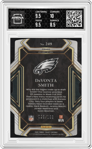 DeVonta Smith  from the 2021 Panini Select set featuring a Die-Cut Copper parallel graded by Arena Club and given an overall grade of 9.