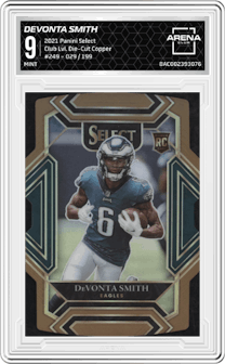 DeVonta Smith  from the 2021 Panini Select set featuring a Die-Cut Copper parallel graded by Arena Club and given an overall grade of 9.