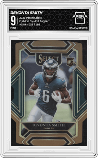 DeVonta Smith  from the 2021 Panini Select set featuring a Die-Cut Copper parallel graded by Arena Club and given an overall grade of 9.