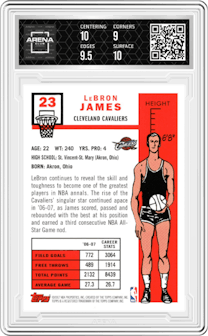 LeBron James from the 2007-08 Topps set graded by Arena Club and given an overall grade of 9.5.