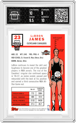 LeBron James from the 2007-08 Topps set graded by Arena Club and given an overall grade of 9.5.