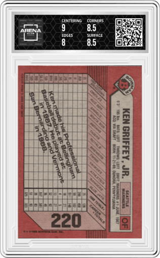 Ken Griffey Jr. from the 1989 Bowman set graded by Arena Club and given an overall grade of 8.5.