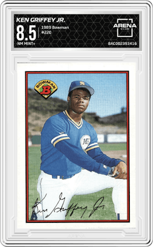 Ken Griffey Jr. from the 1989 Bowman set graded by Arena Club and given an overall grade of 8.5.