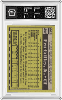 Ken Griffey, Jr. from the 1990 Topps set graded by Arena Club and given an overall grade of 8.5.