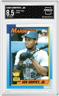 Ken Griffey, Jr. from the 1990 Topps set graded by Arena Club and given an overall grade of 8.5.