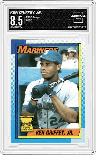 Ken Griffey, Jr. from the 1990 Topps set graded by Arena Club and given an overall grade of 8.5.