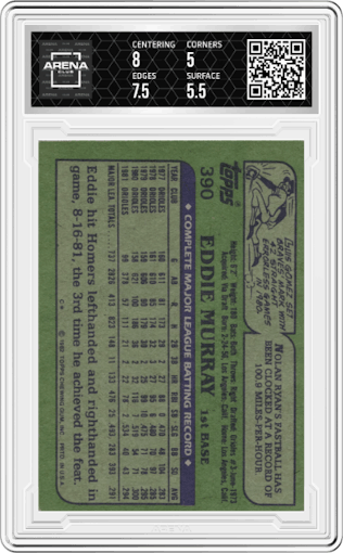 Eddie Murray from the 1982 Topps set graded by Arena Club and given an overall grade of 5.5.
