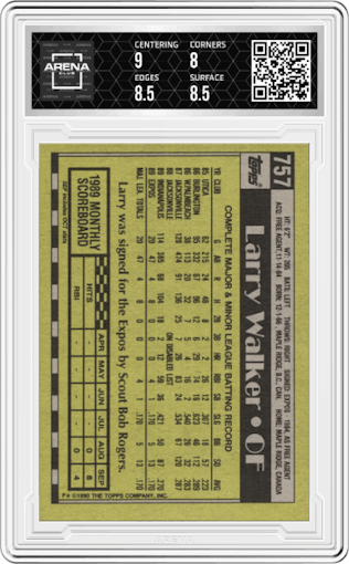 Larry Walker from the 1990 Topps set graded by Arena Club and given an overall grade of 8.5.