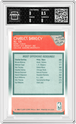Charles Barkley from the 1988-89 Fleer set graded by Arena Club and given an overall grade of 8.
