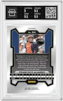 Francisco Alvarez from the 2024 Panini Prizm set featuring a Pink Ice parallel graded by Arena Club and given an overall grade of 9.5.