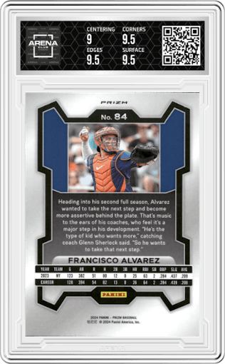 Francisco Alvarez from the 2024 Panini Prizm set featuring a Pink Ice parallel graded by Arena Club and given an overall grade of 9.5.